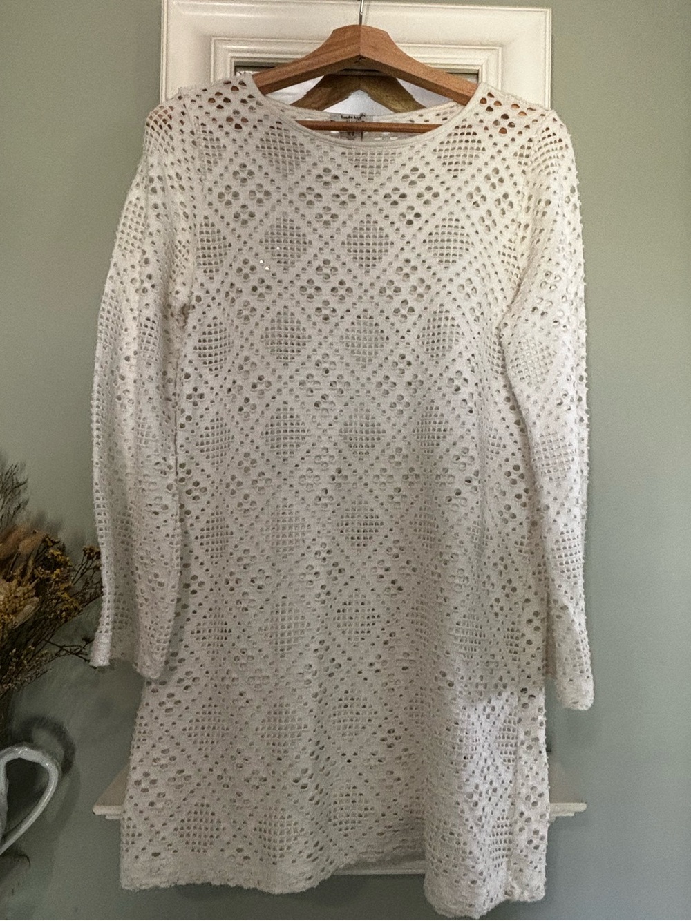 Haute Hippie Style White Crochet Open Knit Cover Up Mini Dress Tunic Size M